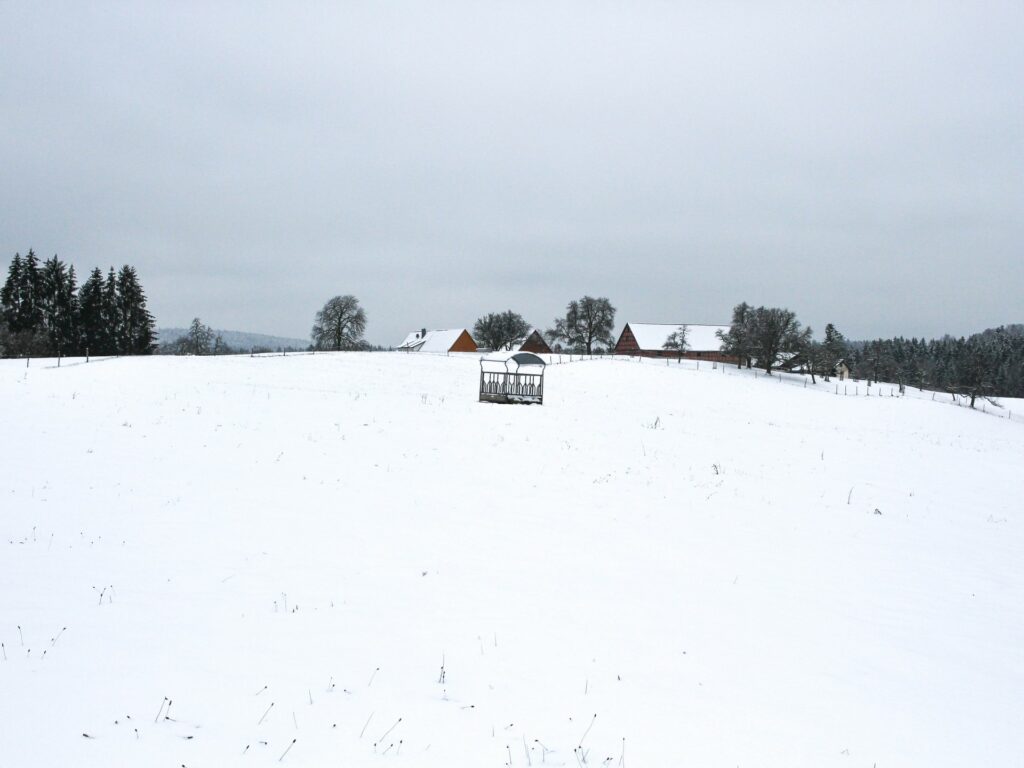 Blick über verschneite Felder zum Voggenhof